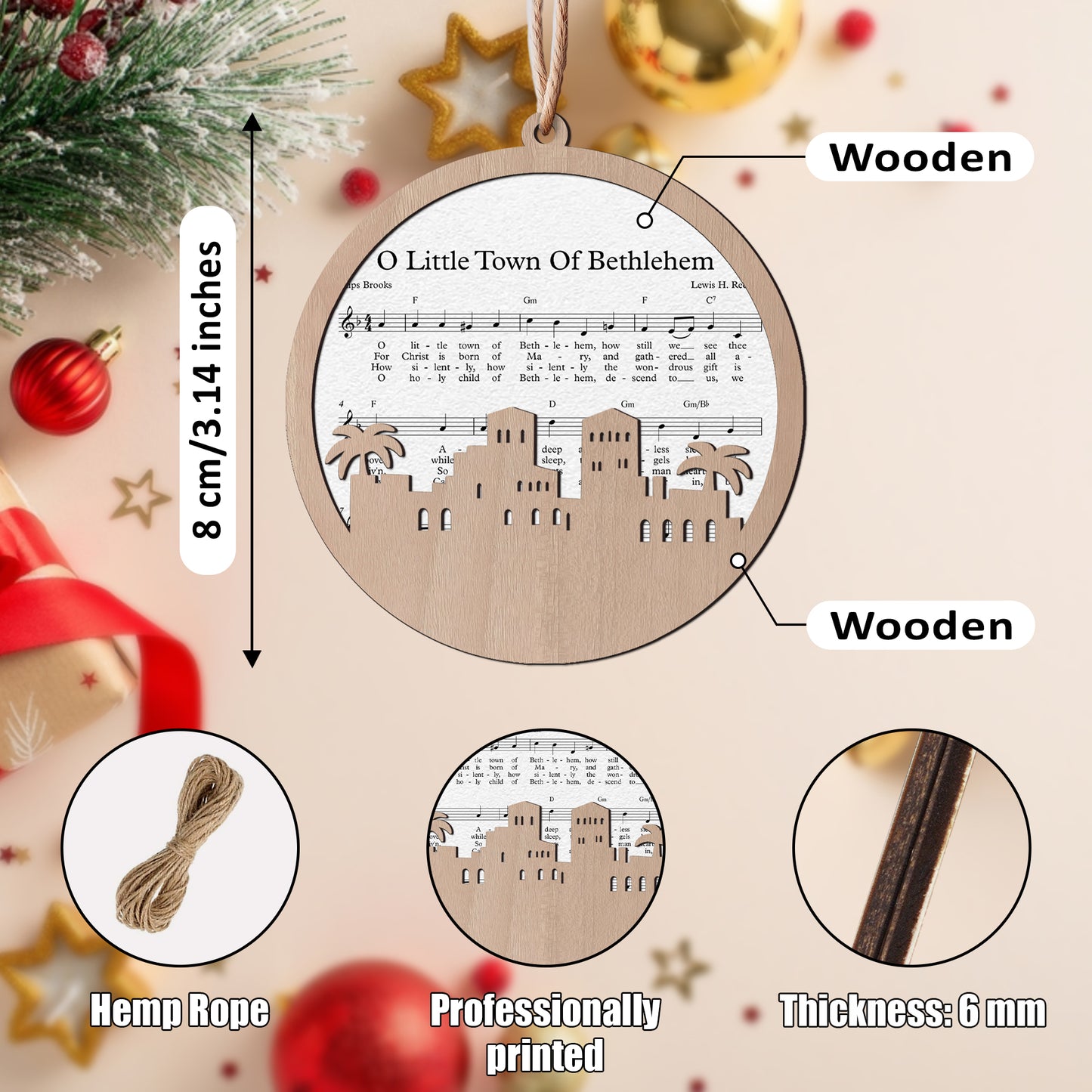 O little Town of Bethlehem Layered Wooden Ornament