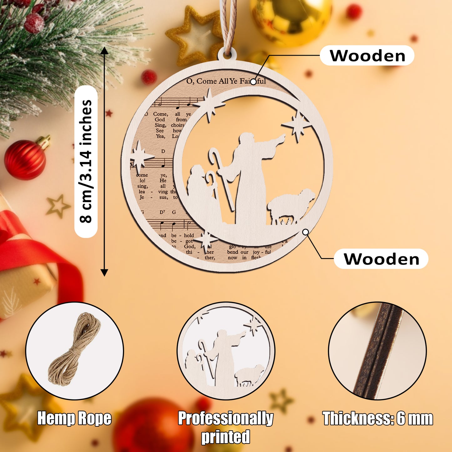 O, Come All Ye Faithful - Special Round Shape Layered Wooden Ornament