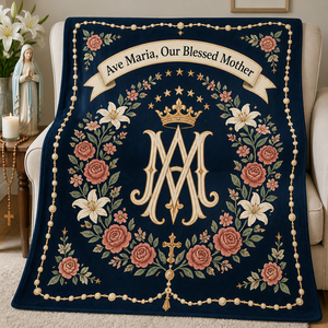 Ave Maria Rose Wreath Fleece Blanket - Christian Blanket, front view