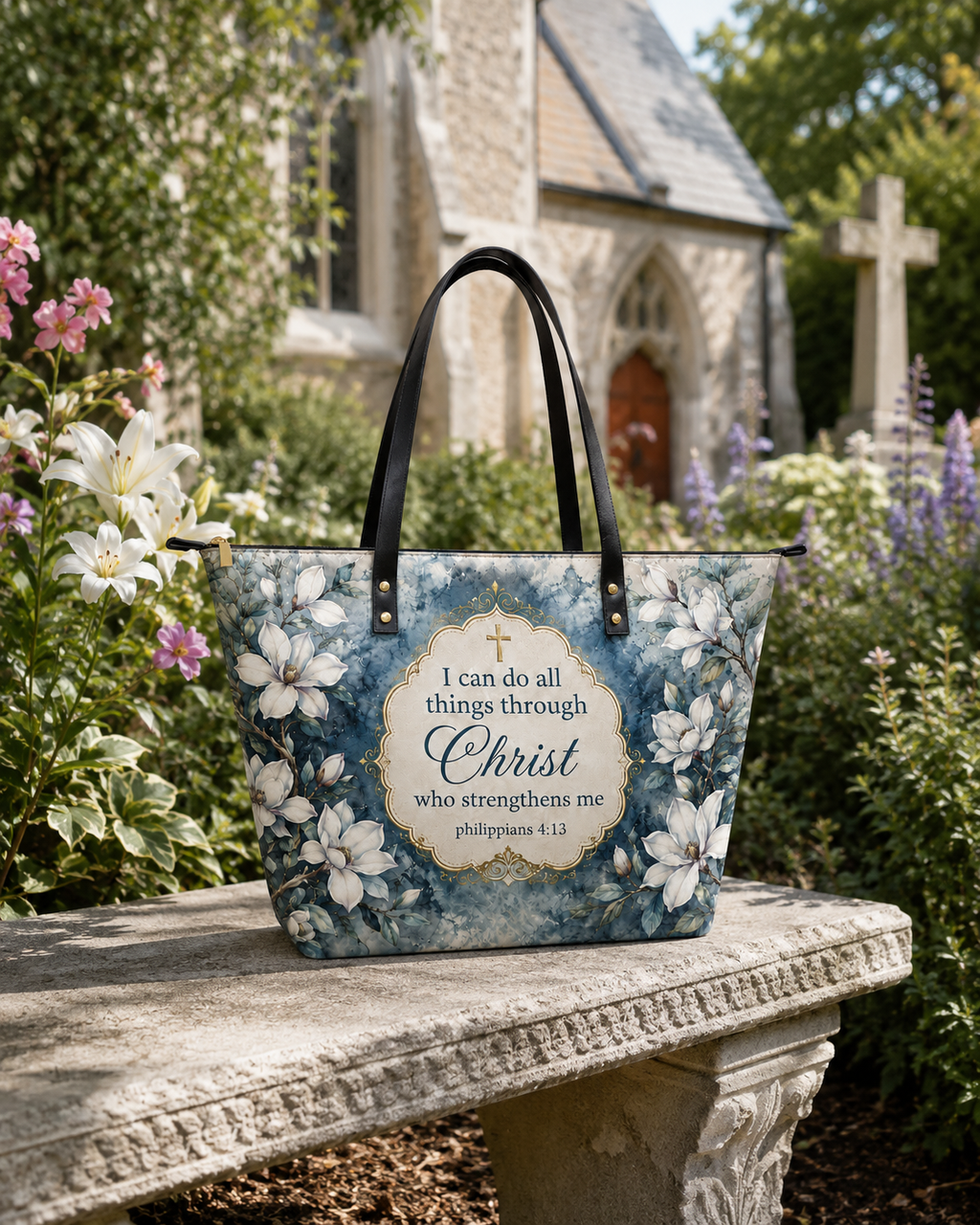 "Blue Magnolia" Leather Tote Bag