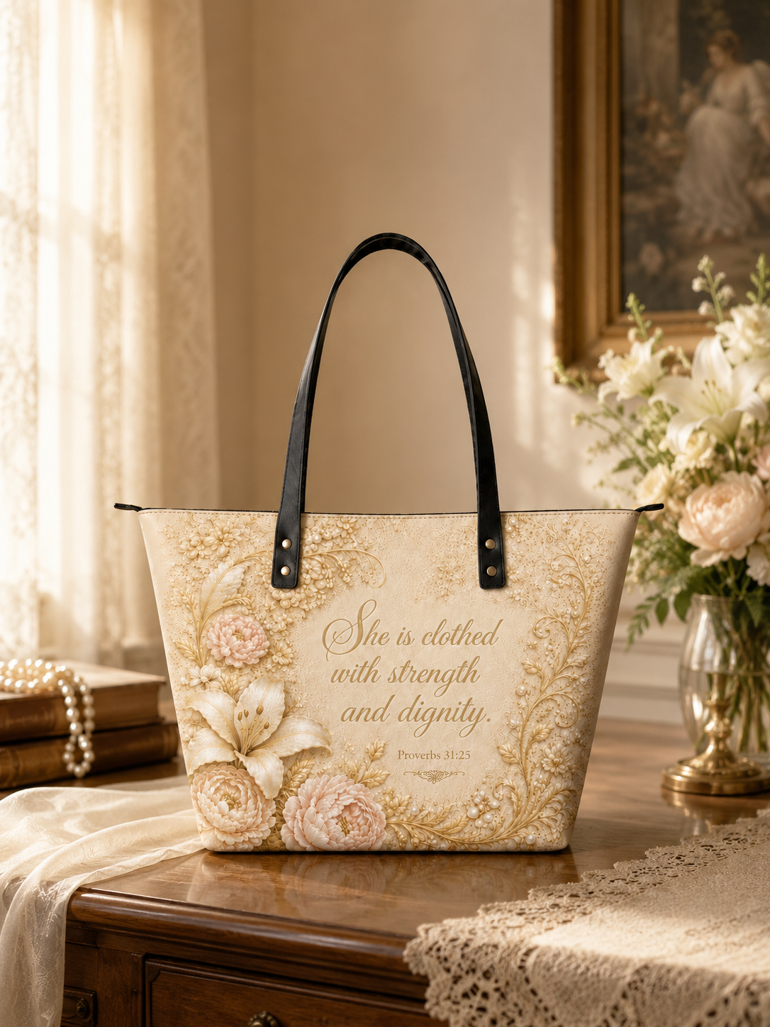 "Dignity Floral" Leather Tote Bag