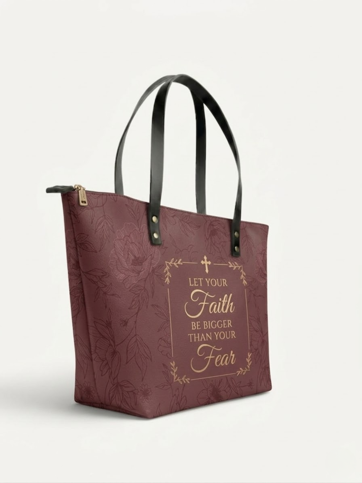 Faith Over Fear PU Leather Tote Bag - Christian Tote Bag, hanging display