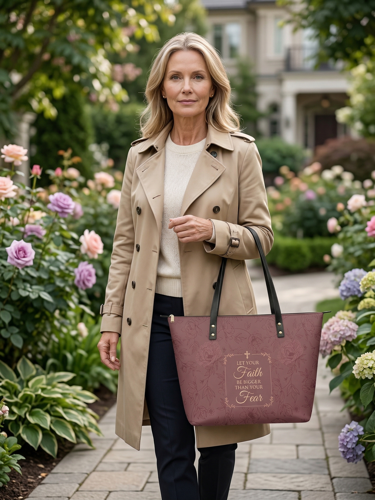 Faith Over Fear PU Leather Tote Bag - Christian Tote Bag, detail view