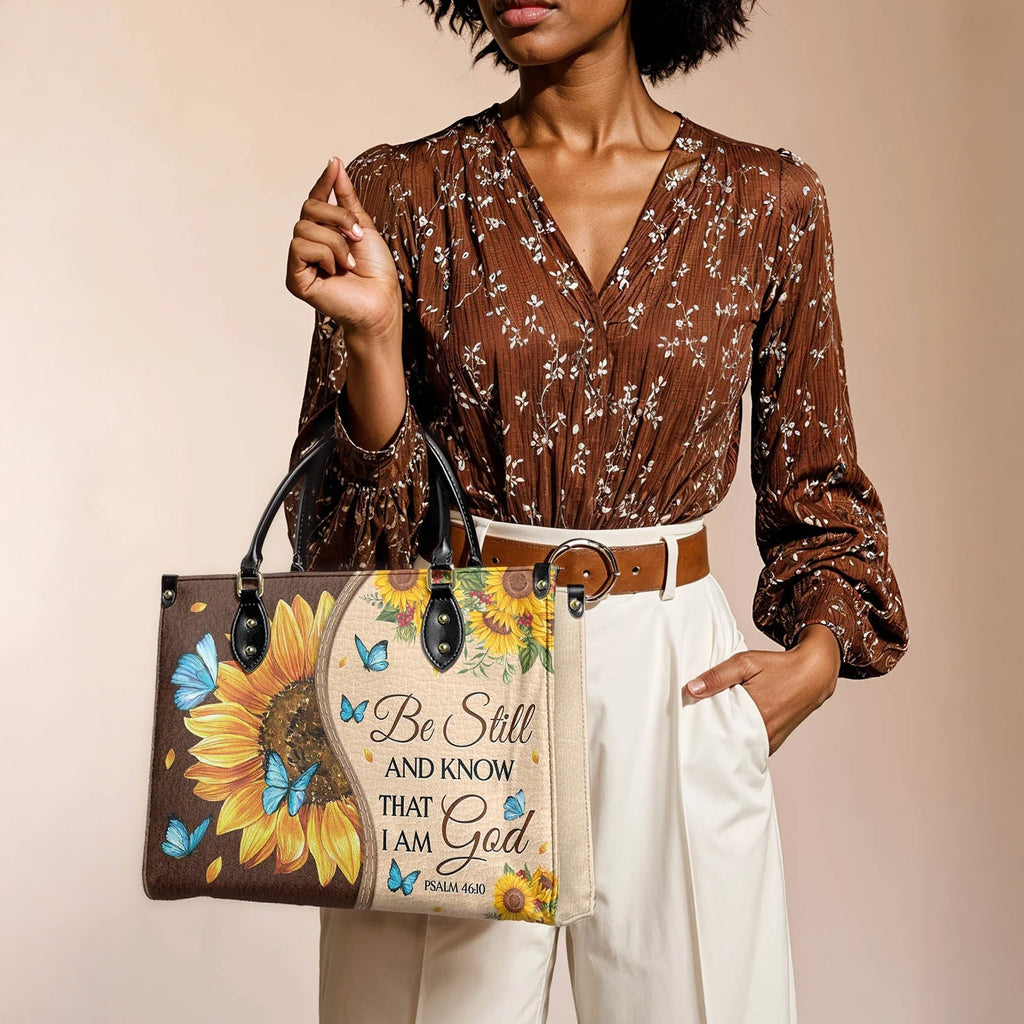 Be Still and Know That I Am God Psalm 46:10 Sunflower - Leather Handbag
