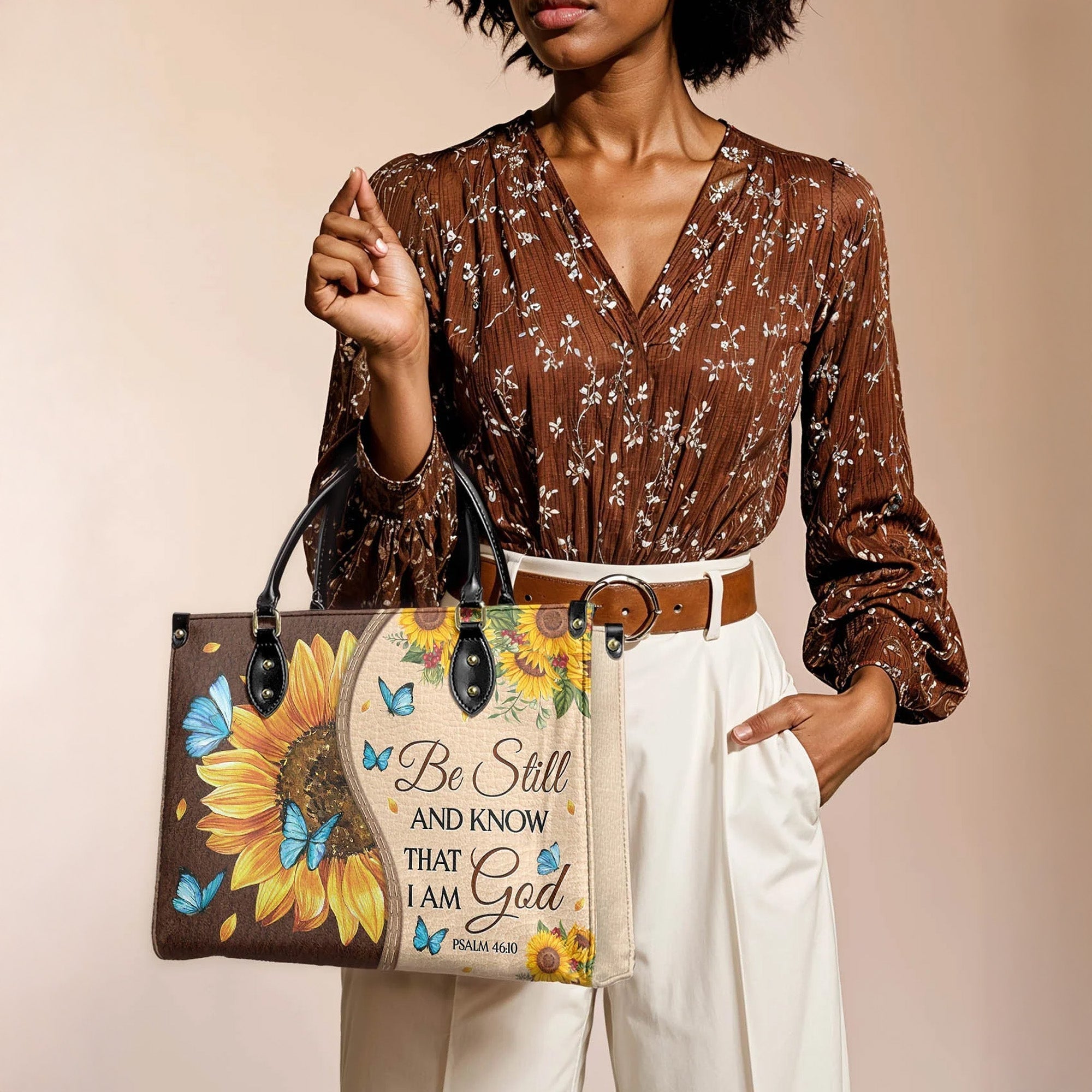 Be Still and Know That I Am God Psalm 46:10 Sunflower - Leather Handbag