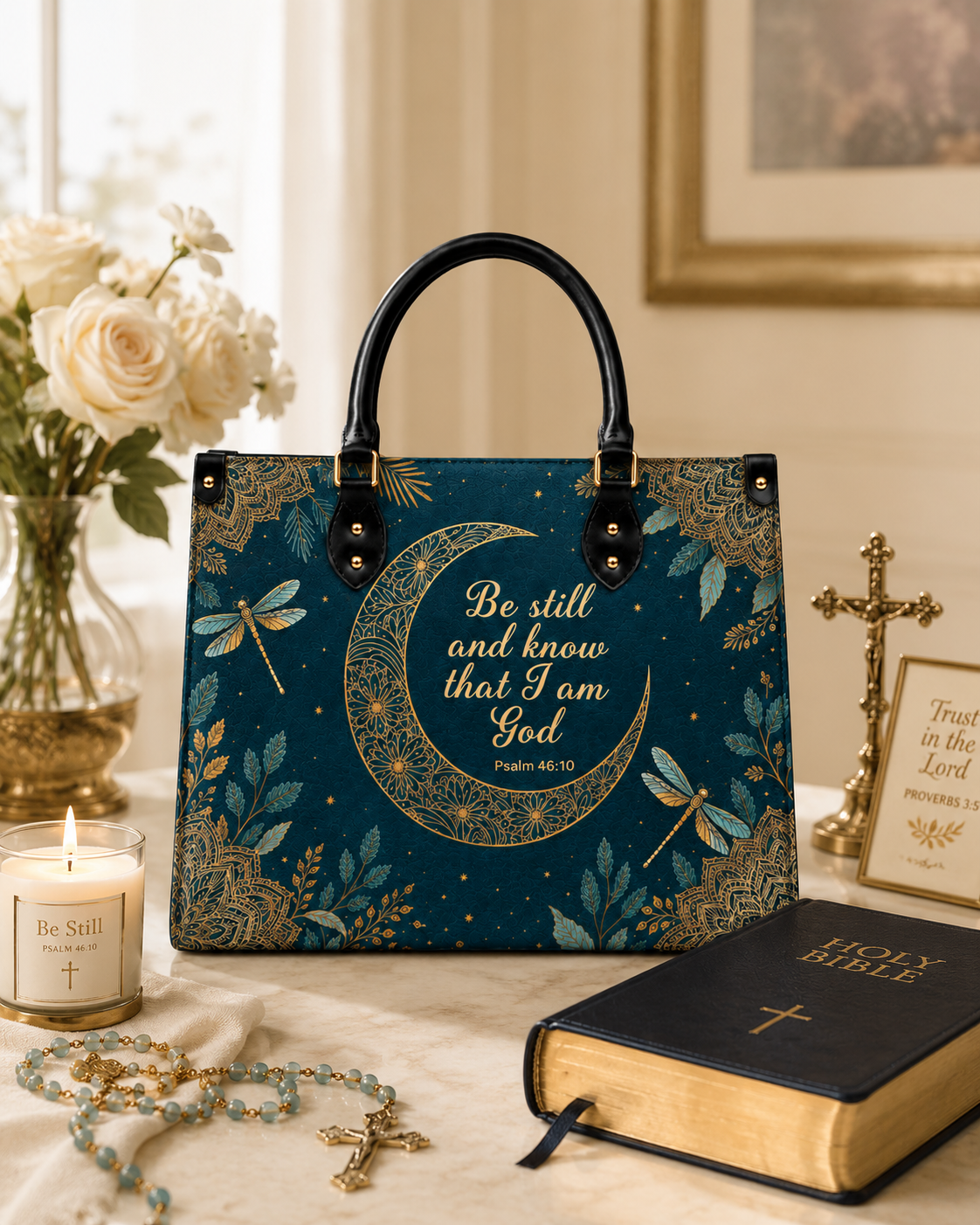 Golden Stillness PU Leather Handbag - Christian Handbag, close-up of the print