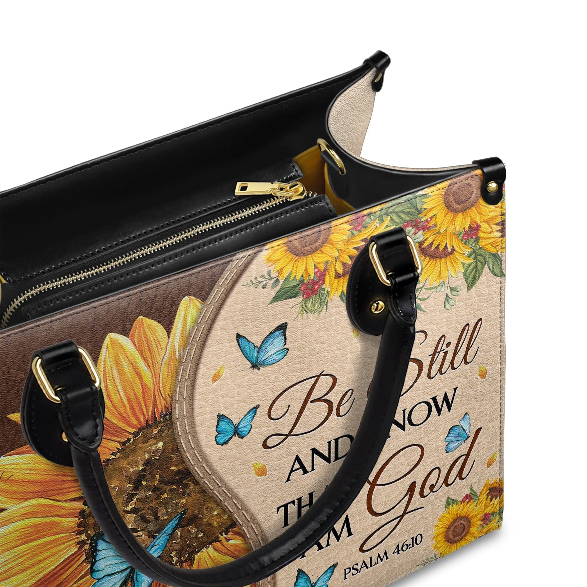 Be Still and Know That I Am God Psalm 46:10 Sunflower - Leather Handbag