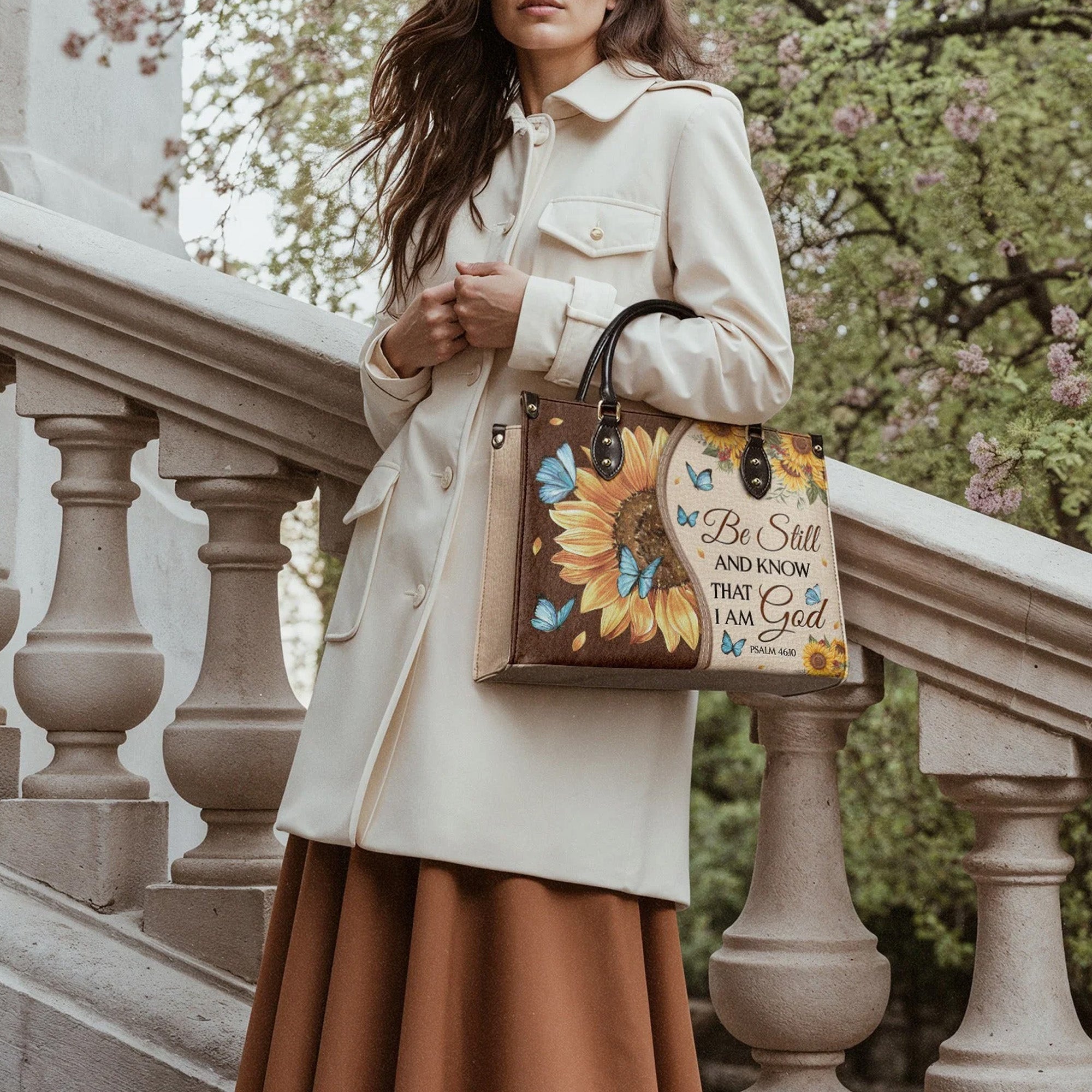 Be Still and Know That I Am God Psalm 46:10 Sunflower - Leather Handbag