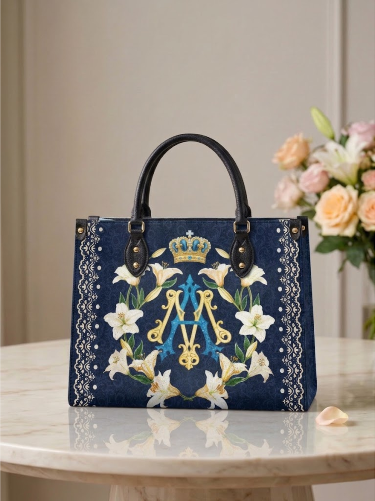 Lilium Mariae PU Leather Handbag - Christian Handbag, close-up of the print