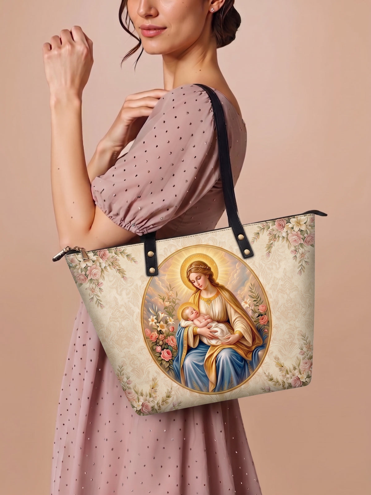 Mater Dei PU Leather Tote Bag - Christian Tote Bag, styled in the home