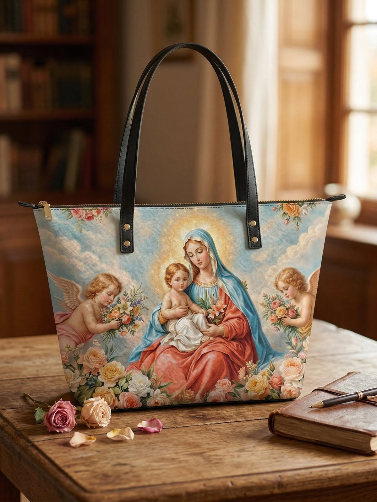 Mater Gratiae PU Leather Tote Bag - Christian Tote Bag, hanging display