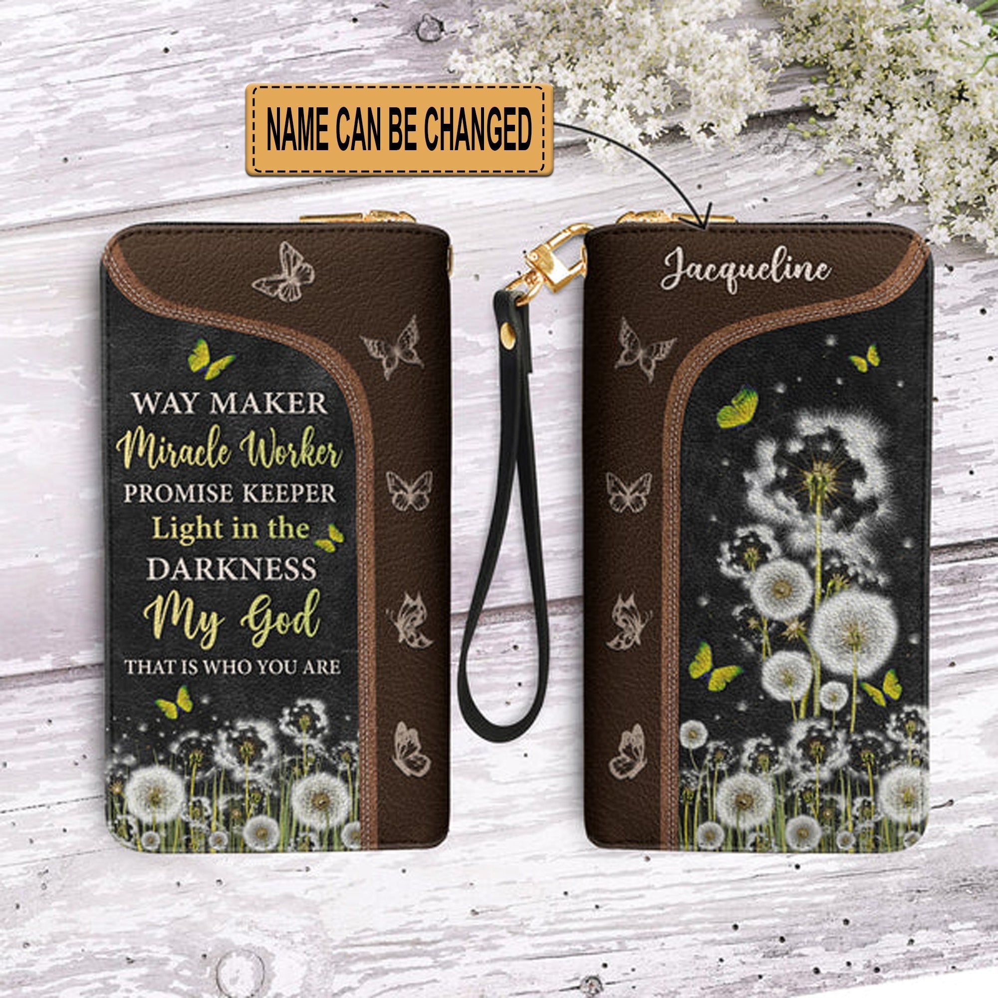 Christianartbag Clutch Purse, Way Maker Miracle Worker Dandelion Butterfly Clutch Purse For Women, Personalized Name, Christian Gifts For Women, CAB10050124.