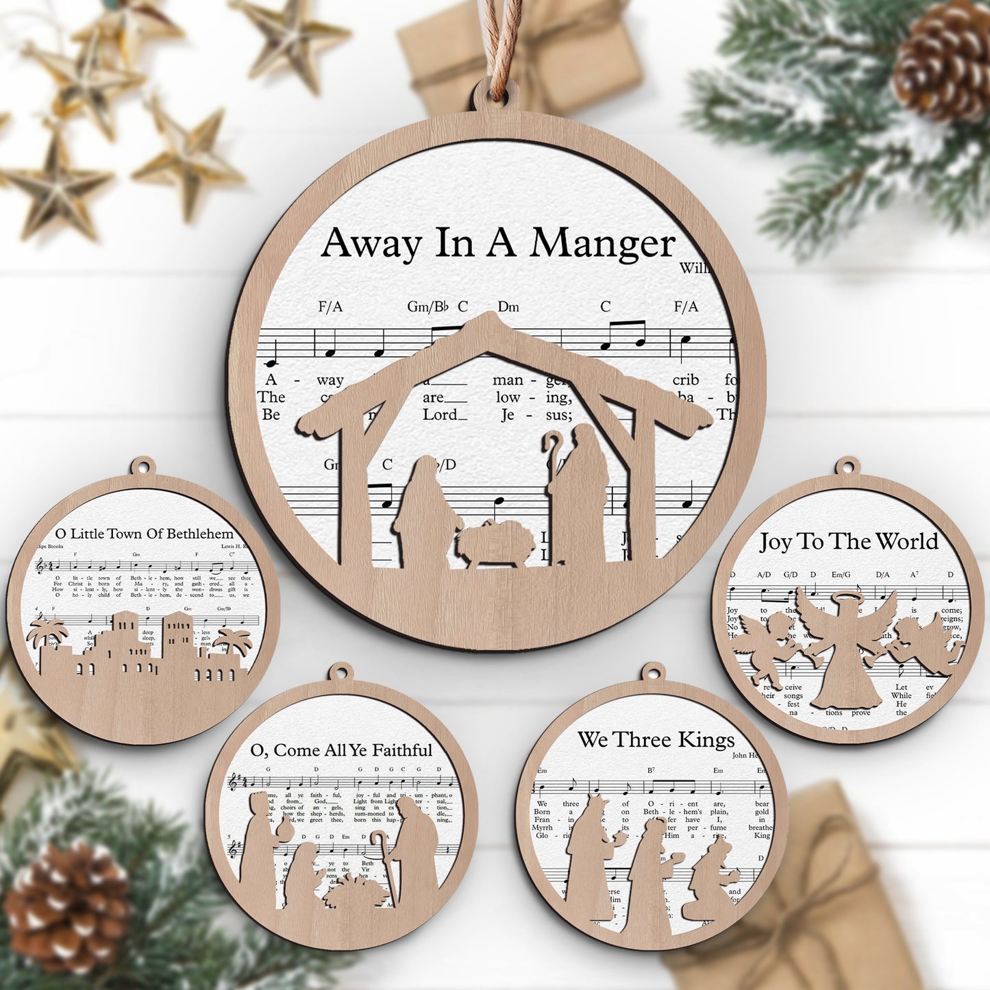 Christian Songs Layered Wooden Ornament - Set of 5