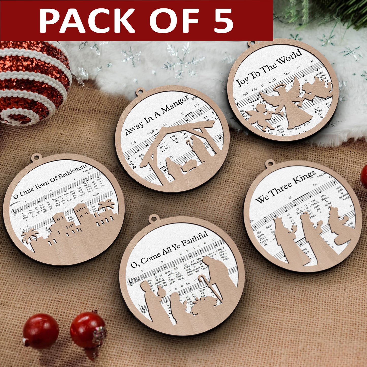 Christian Songs Layered Wooden Ornament - Set of 5