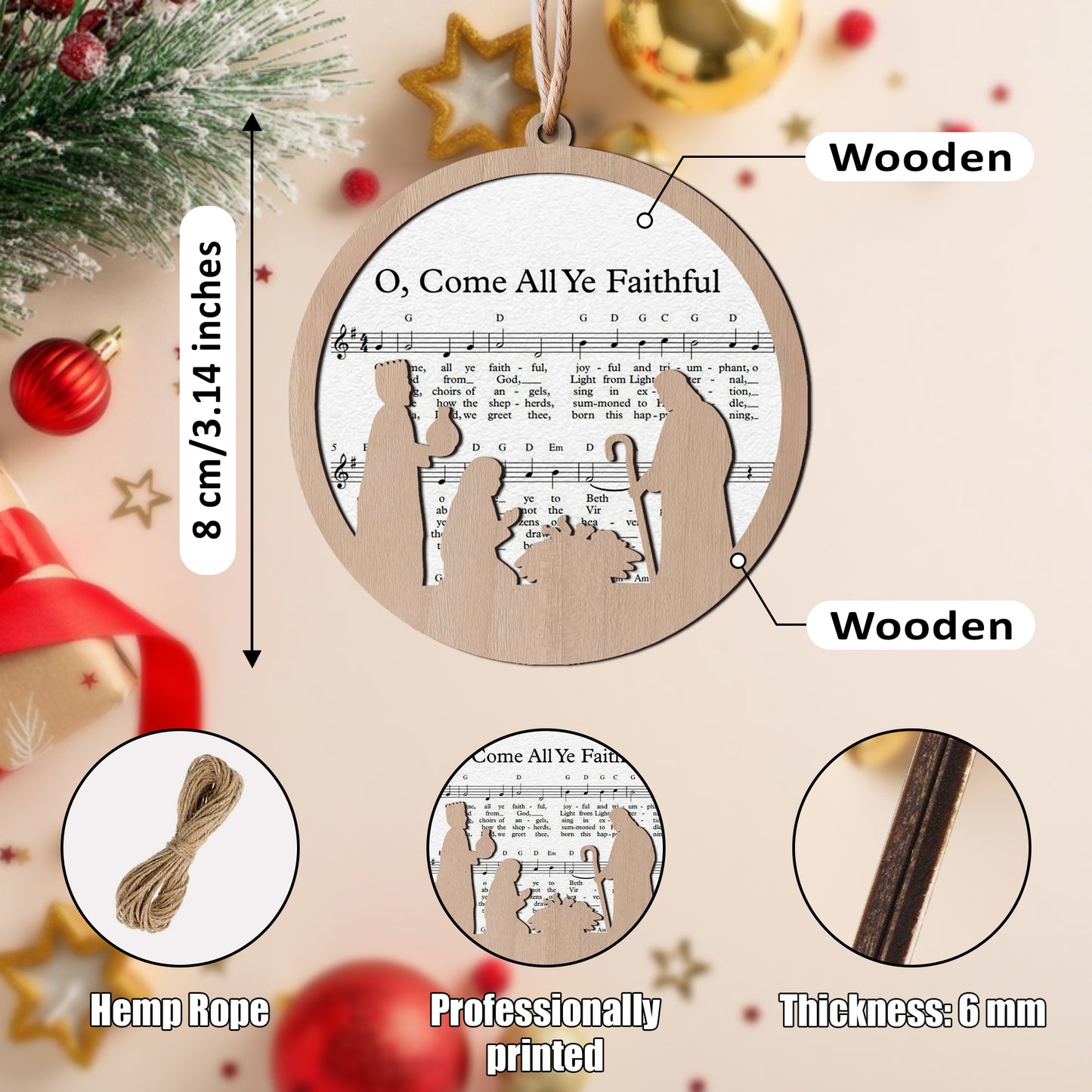 O Come, All Ye Faithful Layered Wooden Ornament