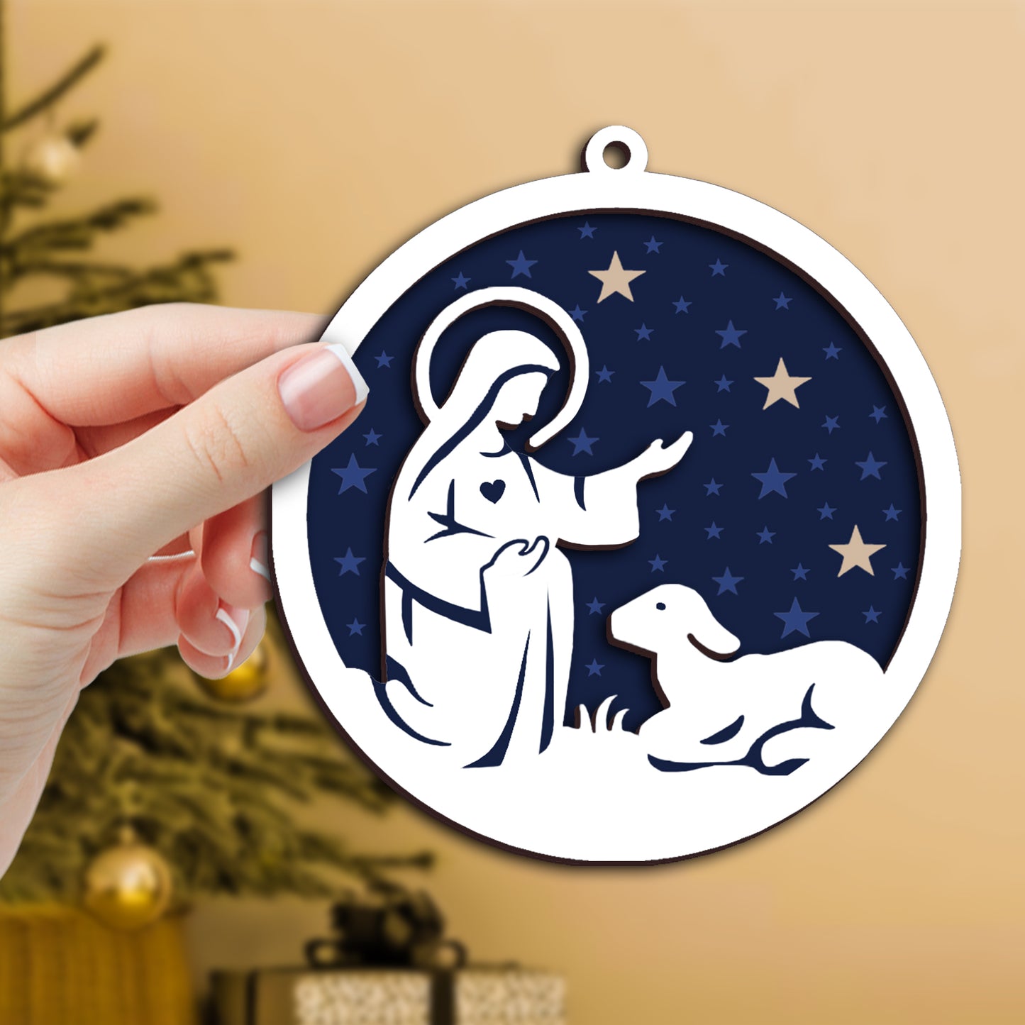 Mary and Lamb Nativity Scene with Stars Layered Wooden Ornament