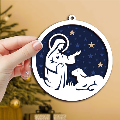 Mary and Lamb Nativity Scene with Stars Layered Wooden Ornament