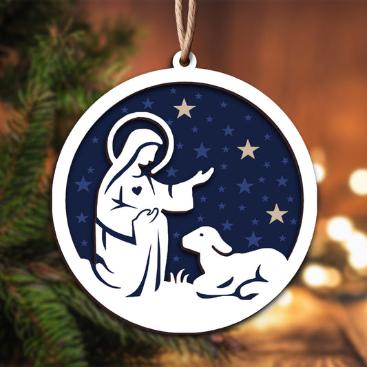 Mary and Lamb Nativity Scene with Stars Layered Wooden Ornament