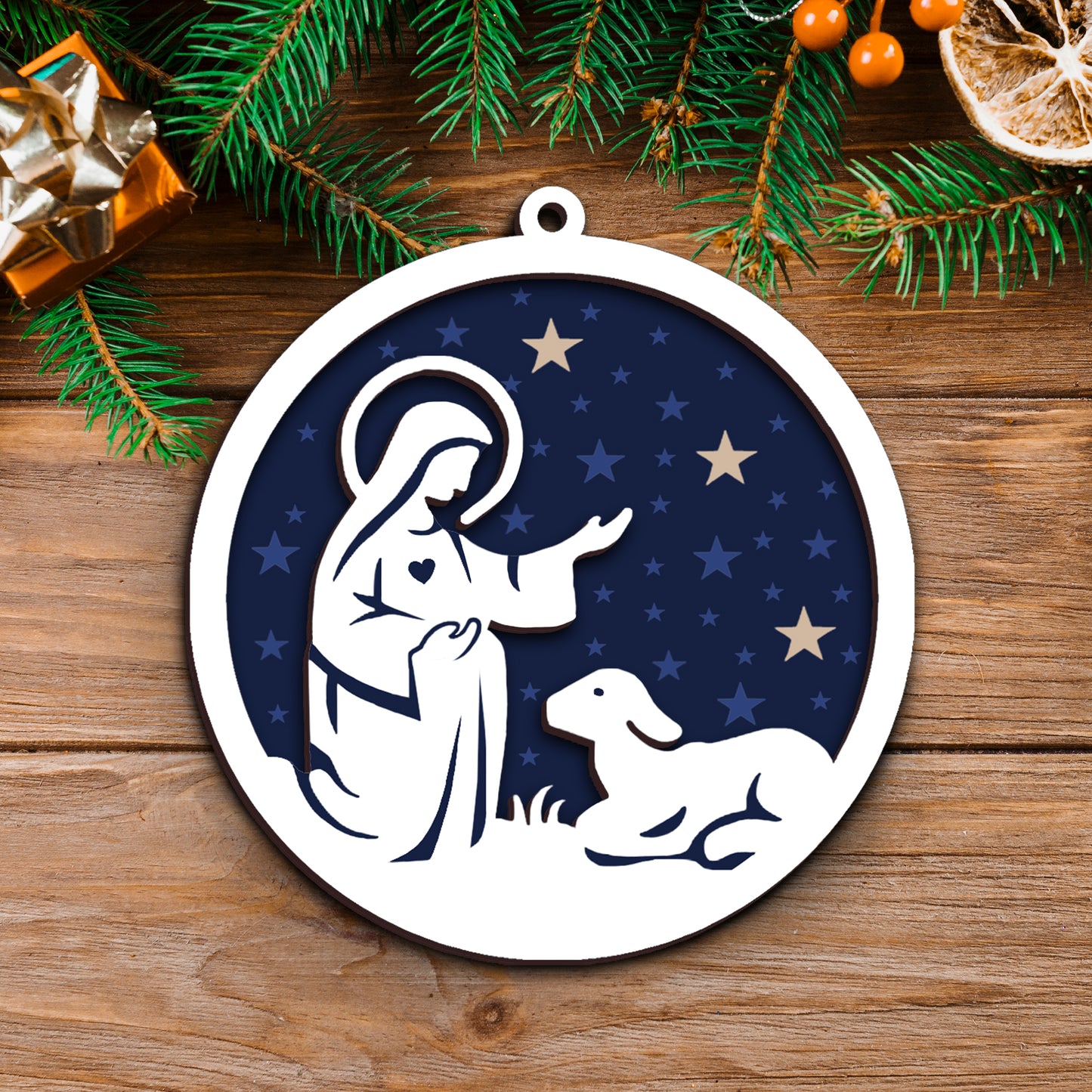 Mary and Lamb Nativity Scene with Stars Layered Wooden Ornament
