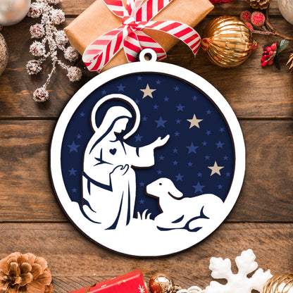 Mary and Lamb Nativity Scene with Stars Layered Wooden Ornament