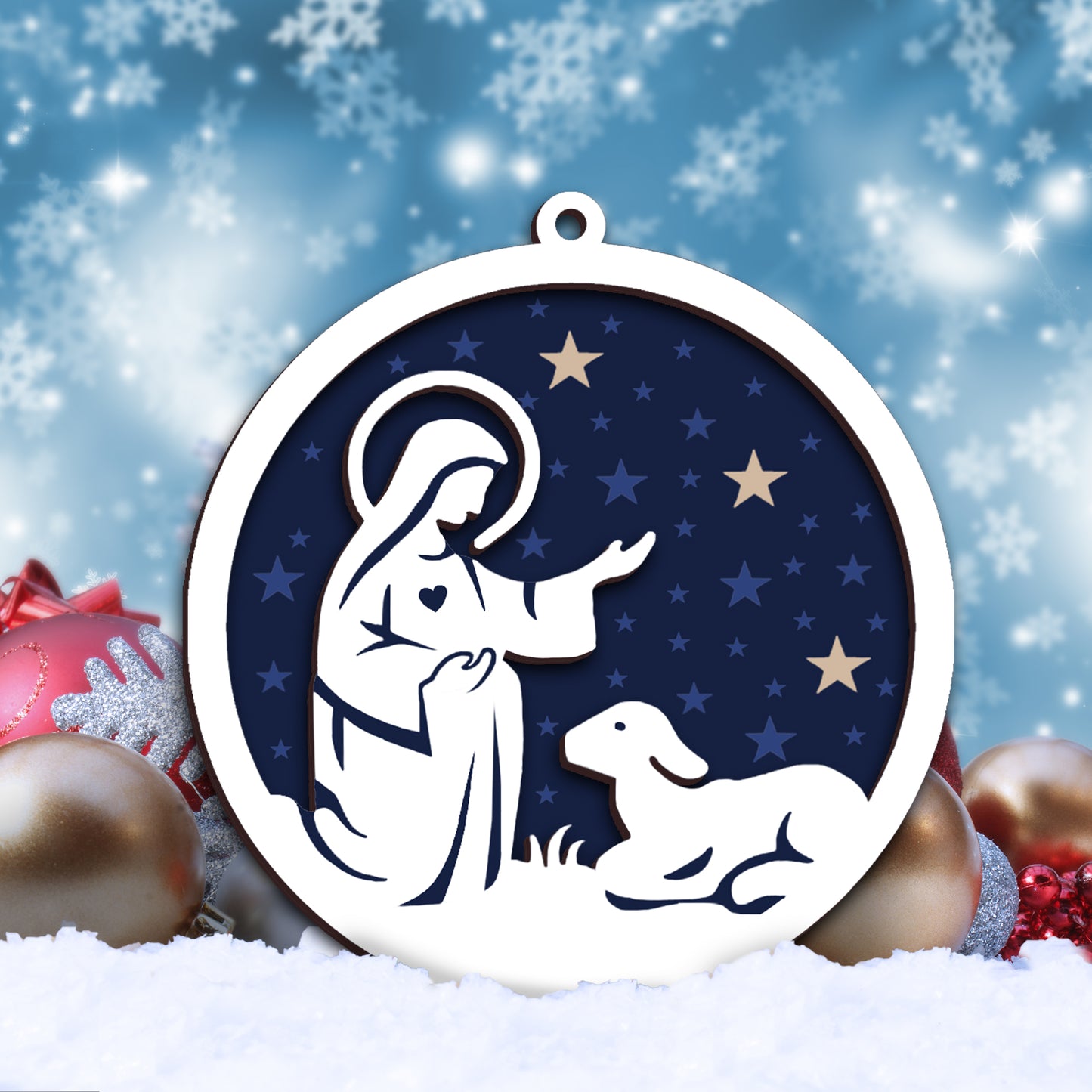 Mary and Lamb Nativity Scene with Stars Layered Wooden Ornament