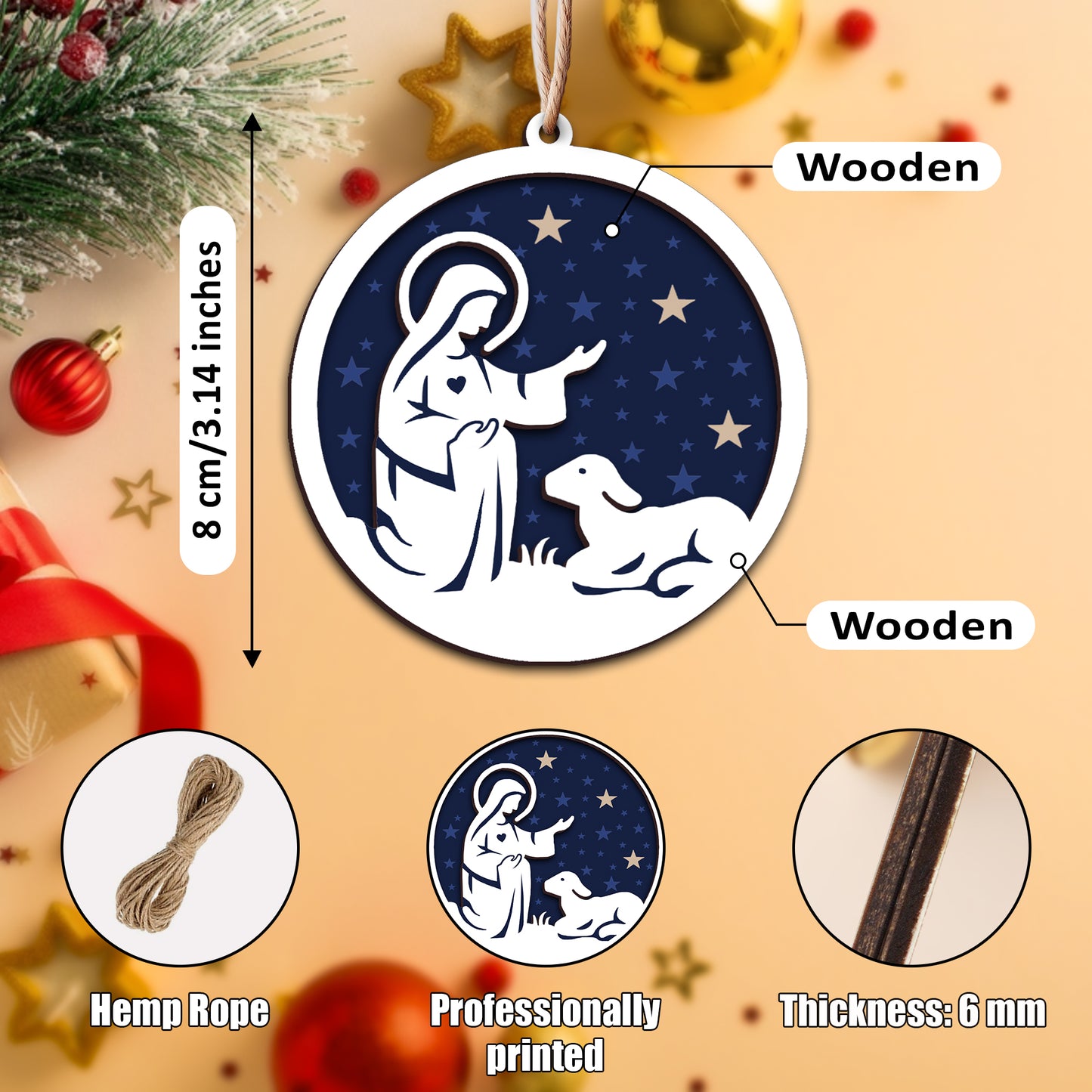 Mary and Lamb Nativity Scene with Stars Layered Wooden Ornament