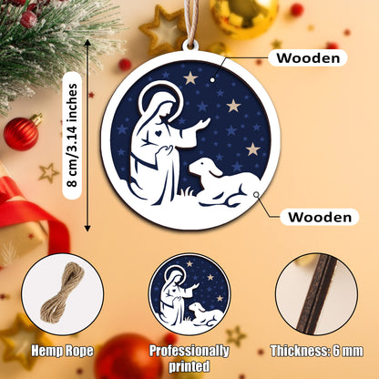 Mary and Lamb Nativity Scene with Stars Layered Wooden Ornament