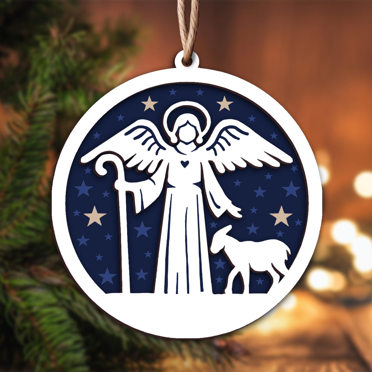 Shepherd with Lamb and Starry Night Layered Wooden Ornament