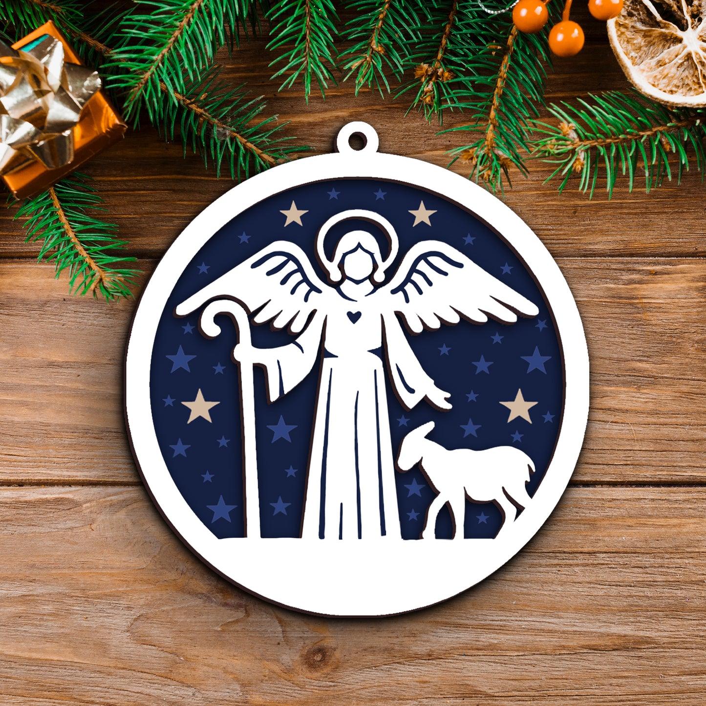 Shepherd with Lamb and Starry Night Layered Wooden Ornament
