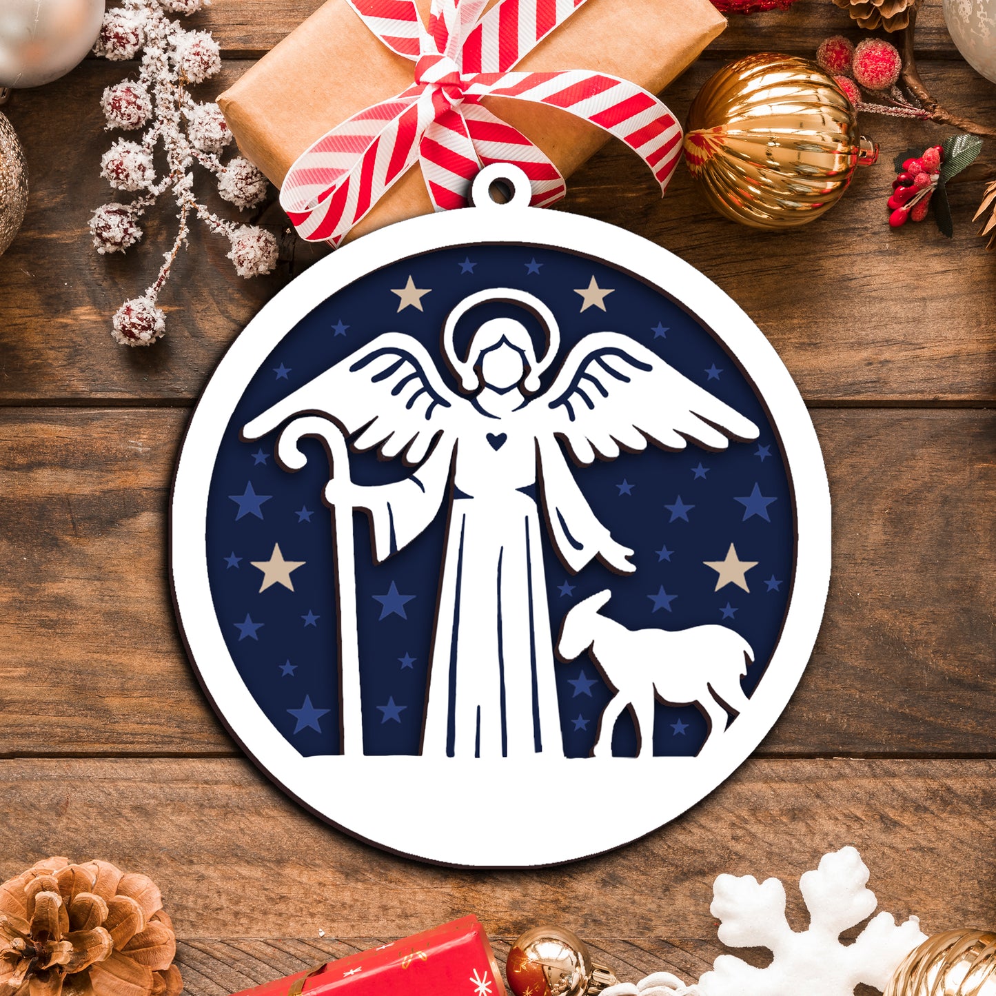 Shepherd with Lamb and Starry Night Layered Wooden Ornament