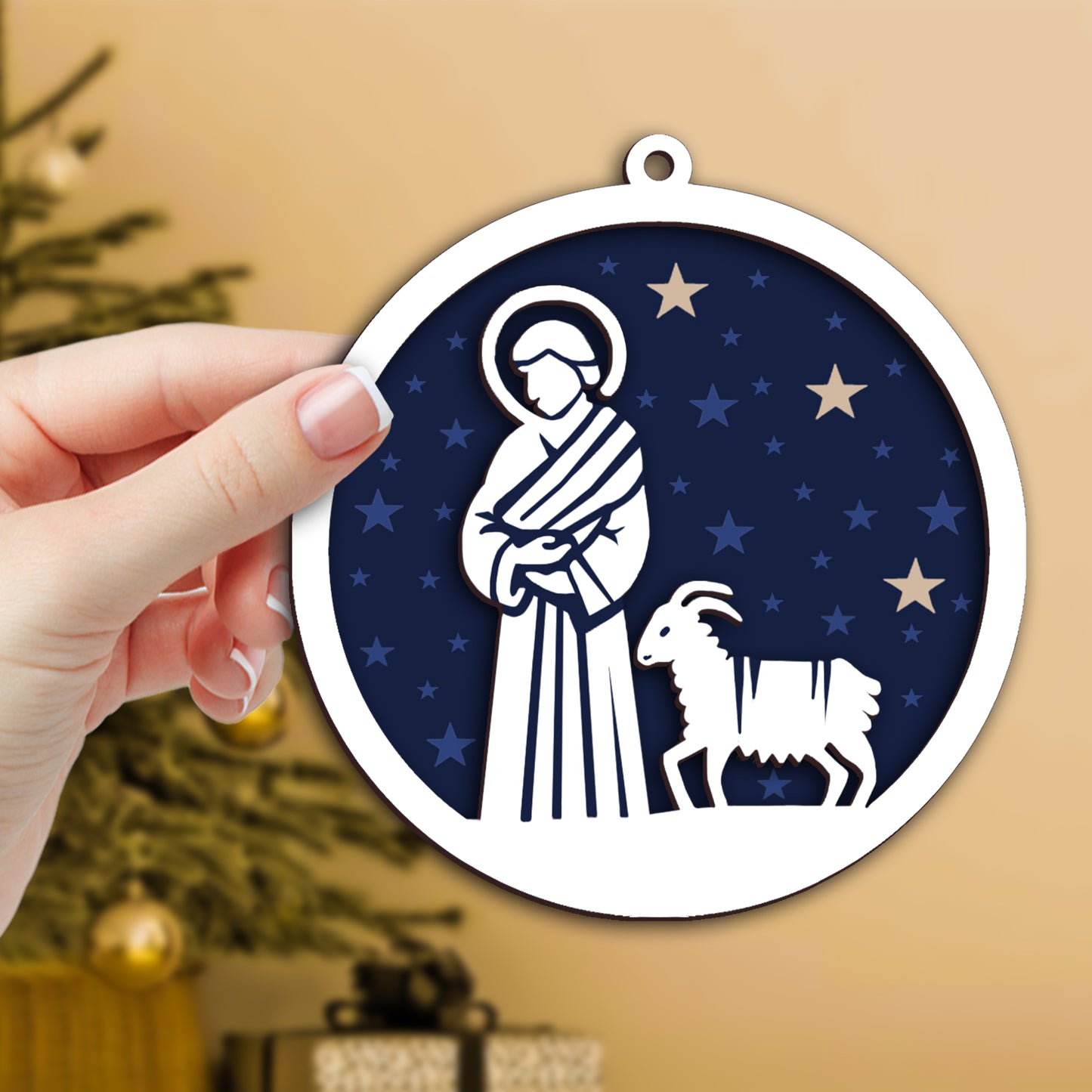 Starry Night Nativity Scene Layered Wooden Ornament