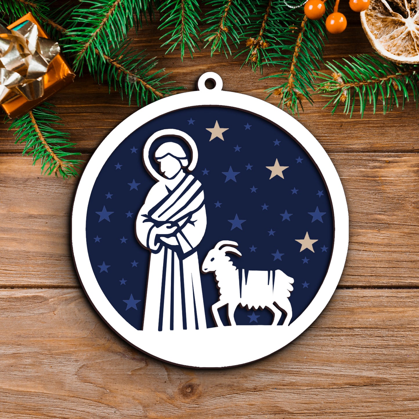 Starry Night Nativity Scene Layered Wooden Ornament