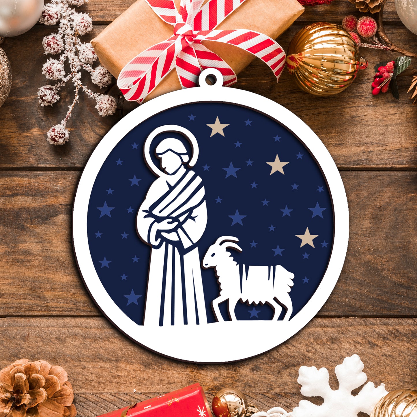 Starry Night Nativity Scene Layered Wooden Ornament