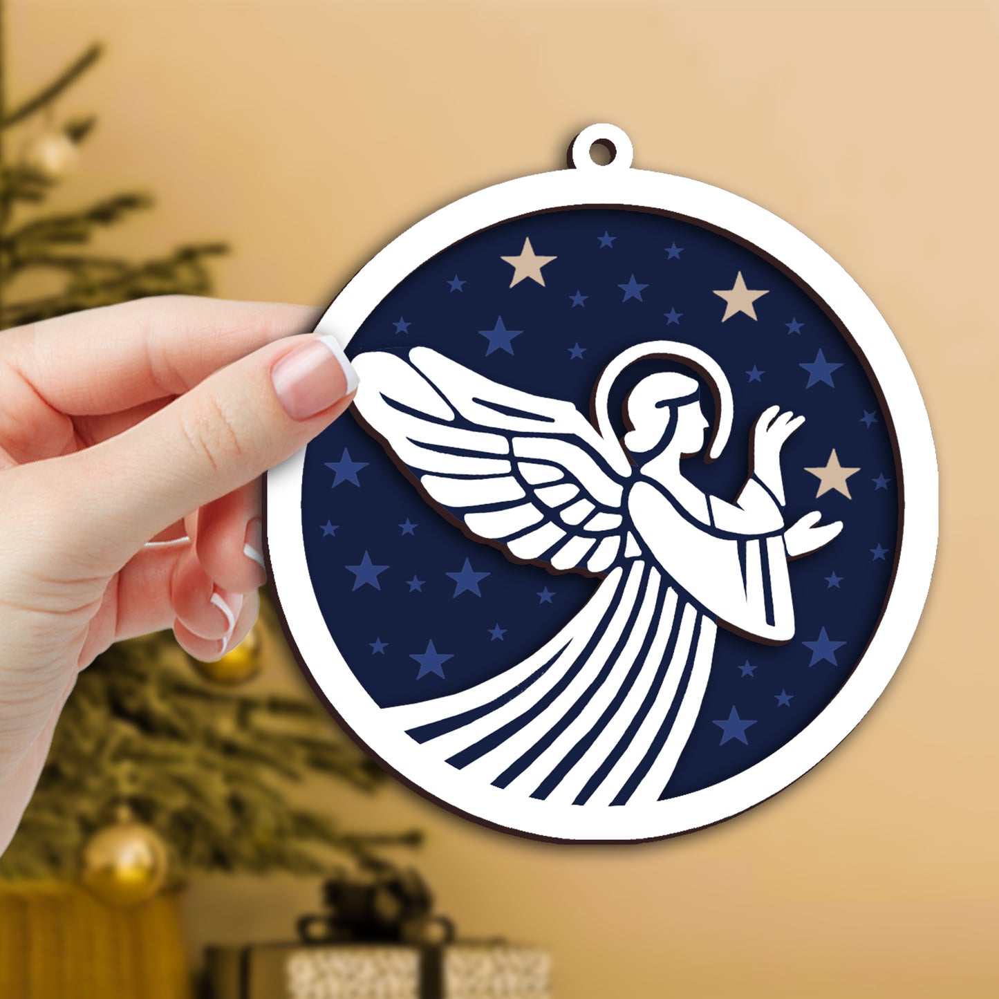 Angel in Starry Night Layered Wooden Ornament