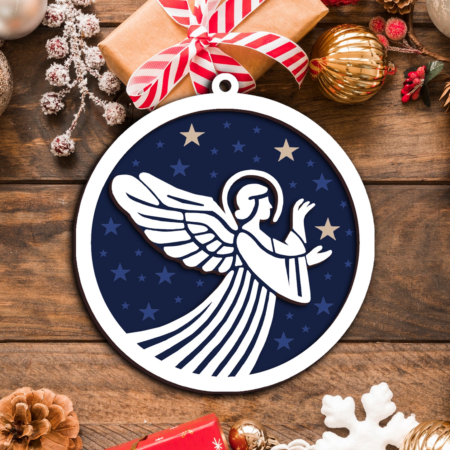 Angel in Starry Night Layered Wooden Ornament