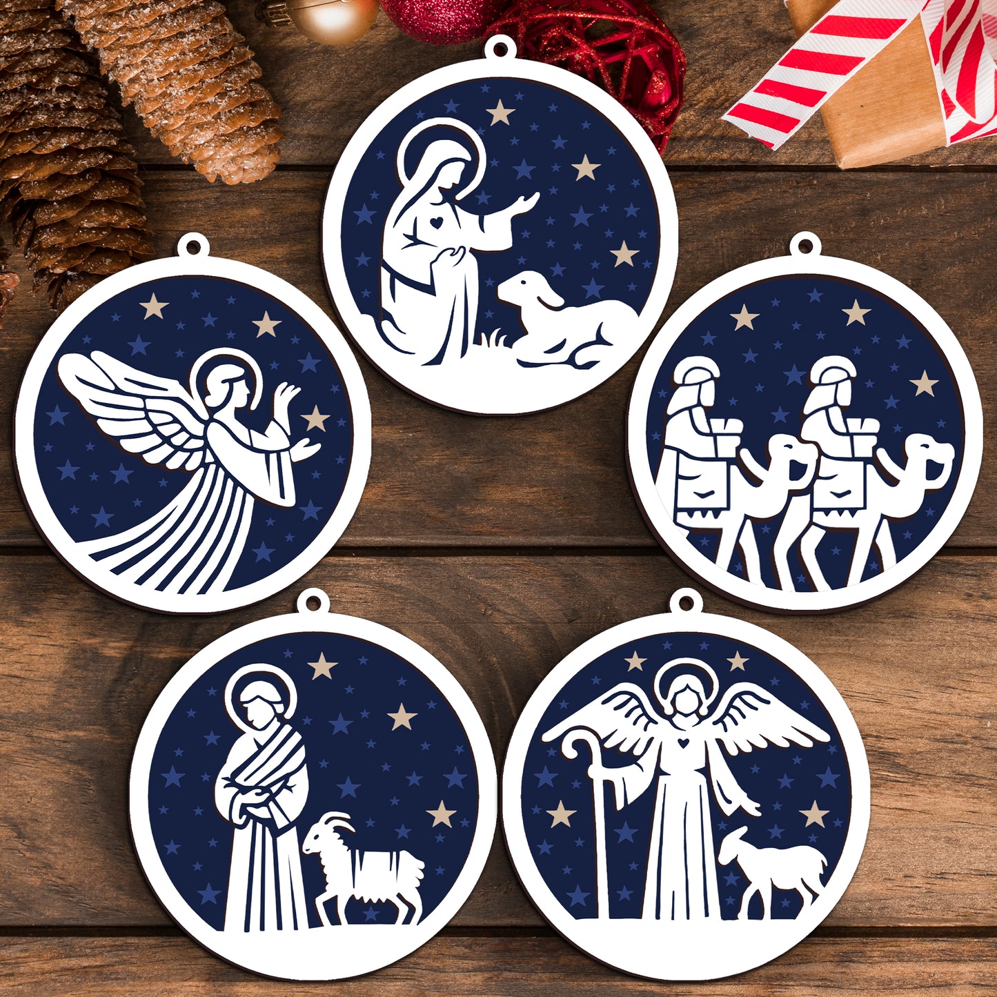 Angel, Sheep & Starry Night Wooden Ornament - Set of 5