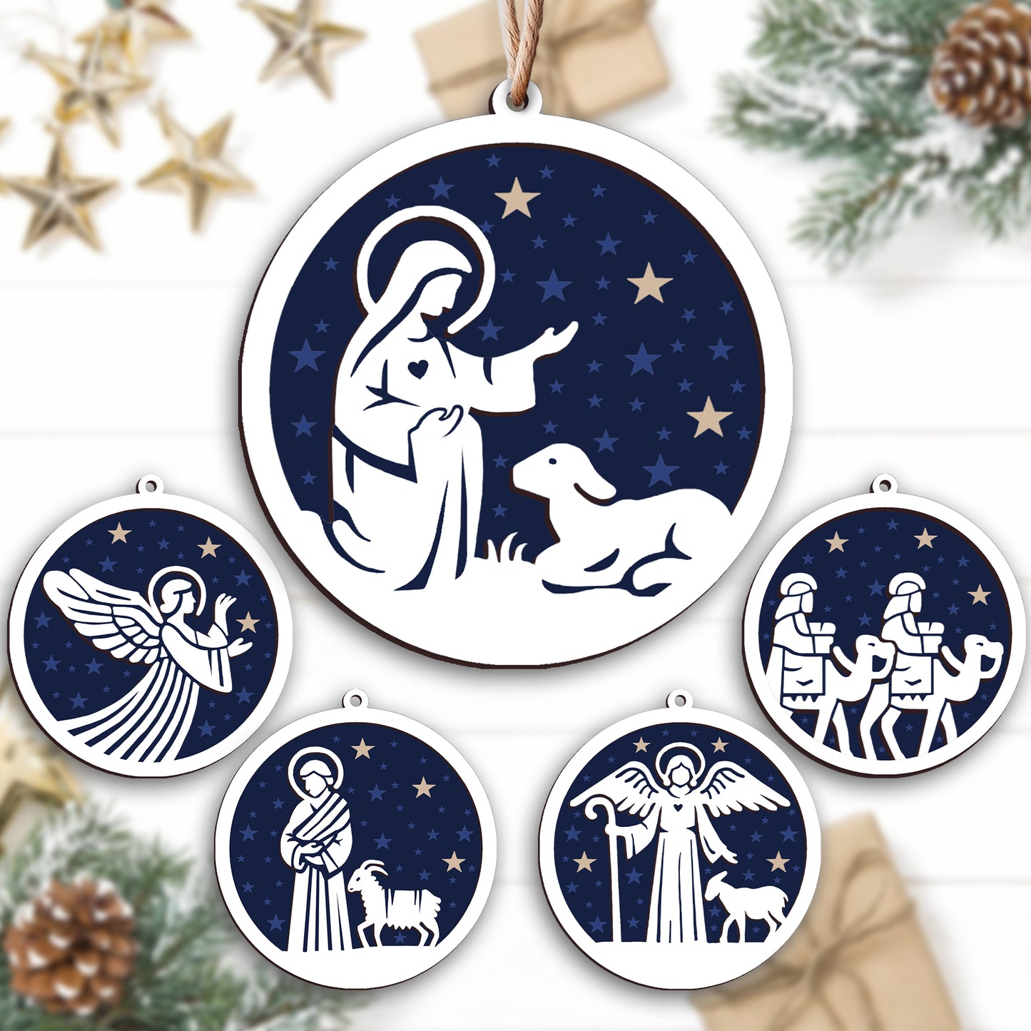 Angel, Sheep & Starry Night Wooden Ornament - Set of 5