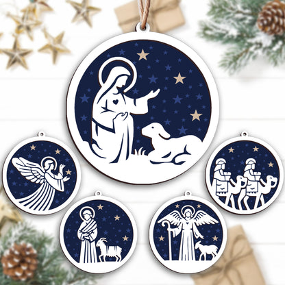 Angel, Sheep & Starry Night Wooden Ornament - Set of 5