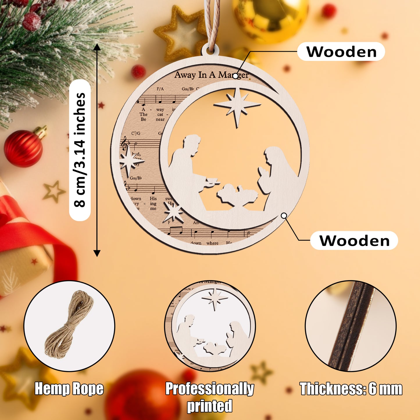 Away In Manger - Special Round Shape Layered Wooden Ornament