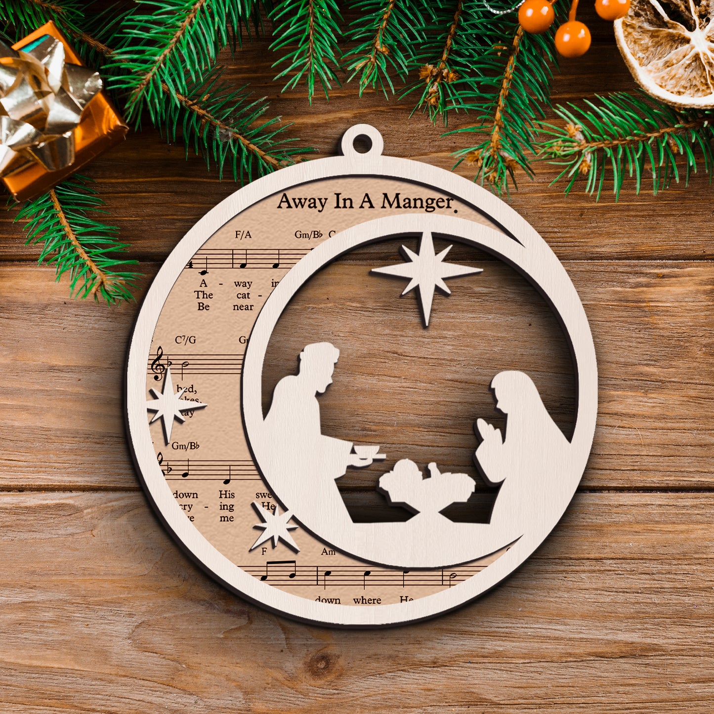 Away In Manger - Special Round Shape Layered Wooden Ornament