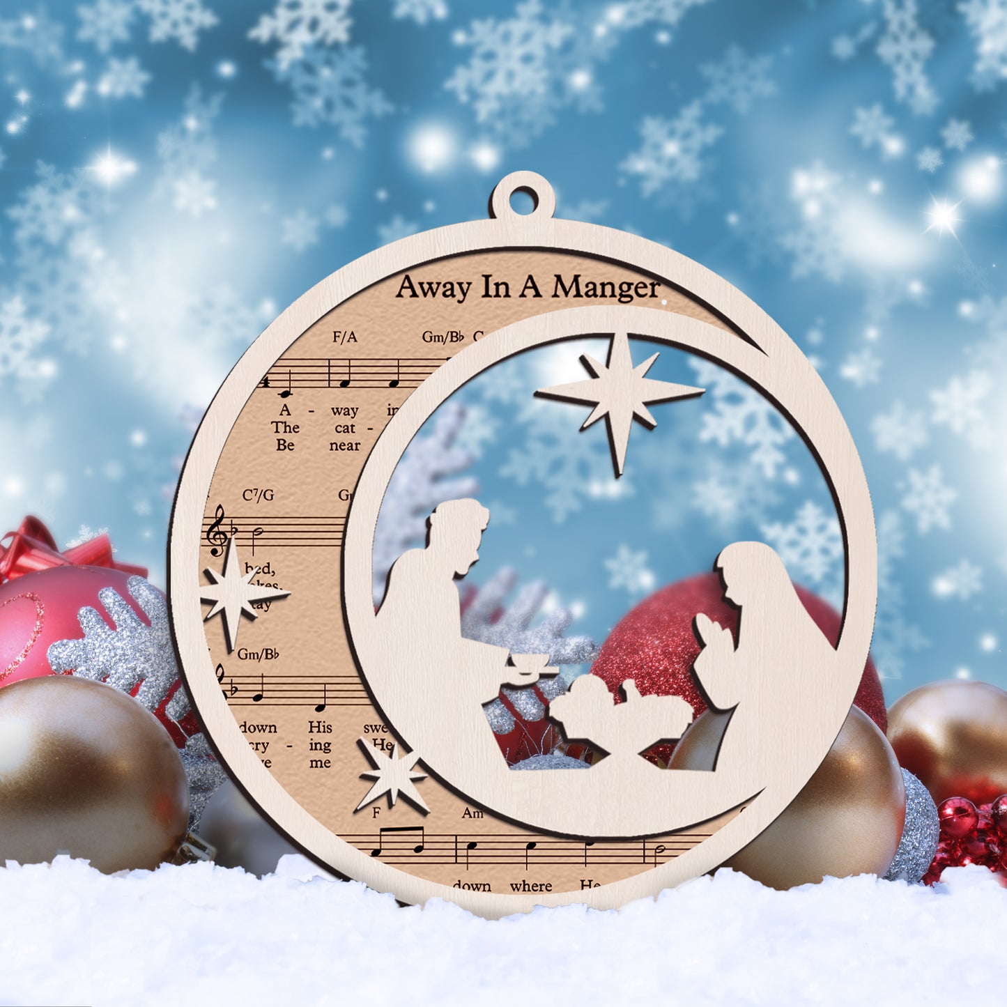 Away In Manger - Special Round Shape Layered Wooden Ornament