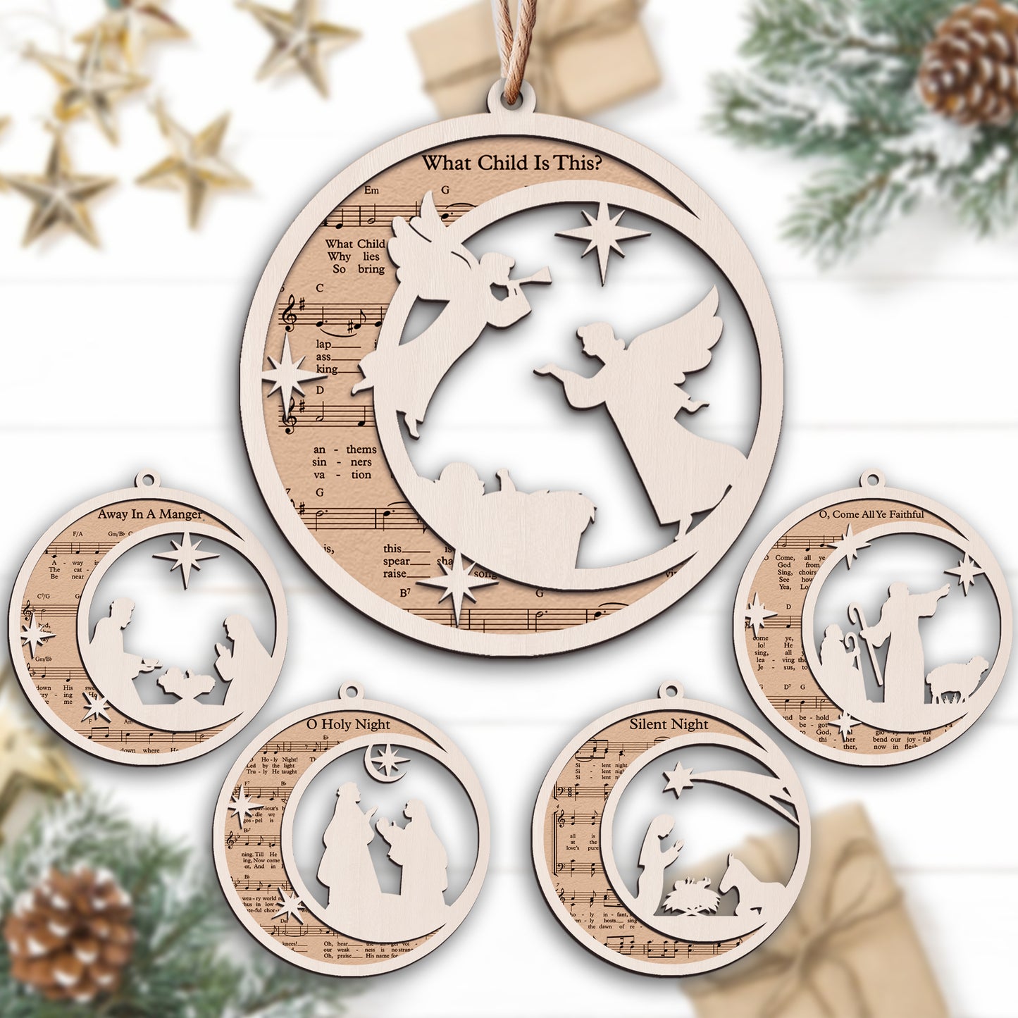 Nativity Scene Christmas Wooden Ornament - Set of 5