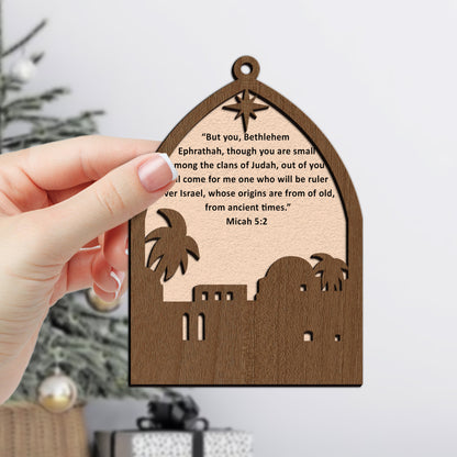 Bethlehem Scene with Star and Bible Verse Wooden Ornament