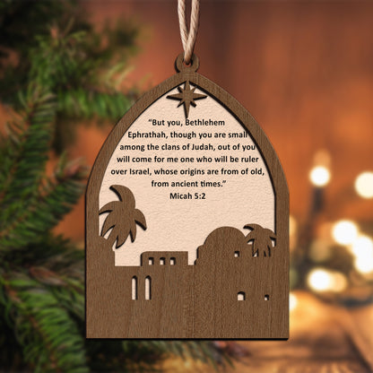 Bethlehem Scene with Star and Bible Verse Wooden Ornament