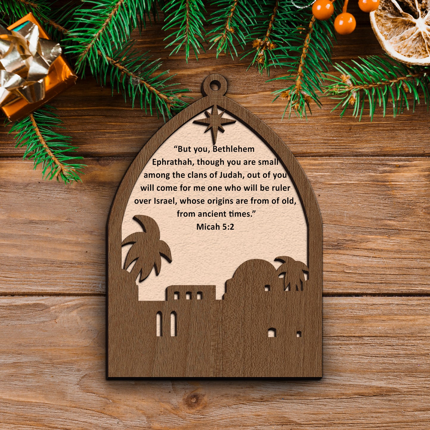 Bethlehem Scene with Star and Bible Verse Wooden Ornament
