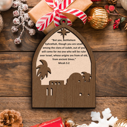 Bethlehem Scene with Star and Bible Verse Wooden Ornament