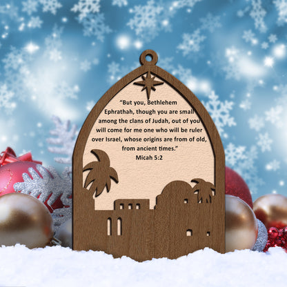 Bethlehem Scene with Star and Bible Verse Wooden Ornament