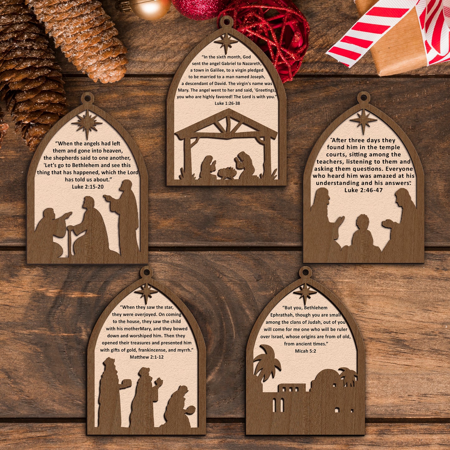 Layered Nativity Scene with Bible Verse Wooden Ornament - Set of 5