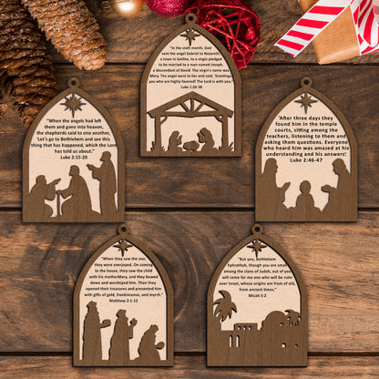 Layered Nativity Scene with Bible Verse Wooden Ornament - Set of 5