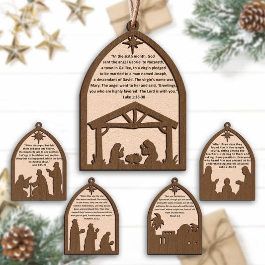 Layered Nativity Scene with Bible Verse Wooden Ornament - Set of 5